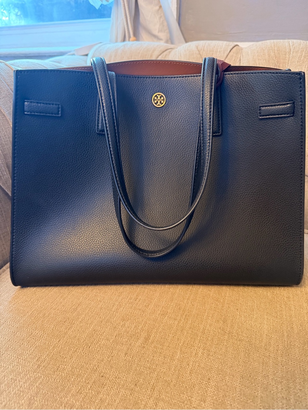 Tory Burch Black Leather Double-Handle Tote with Gold Logo